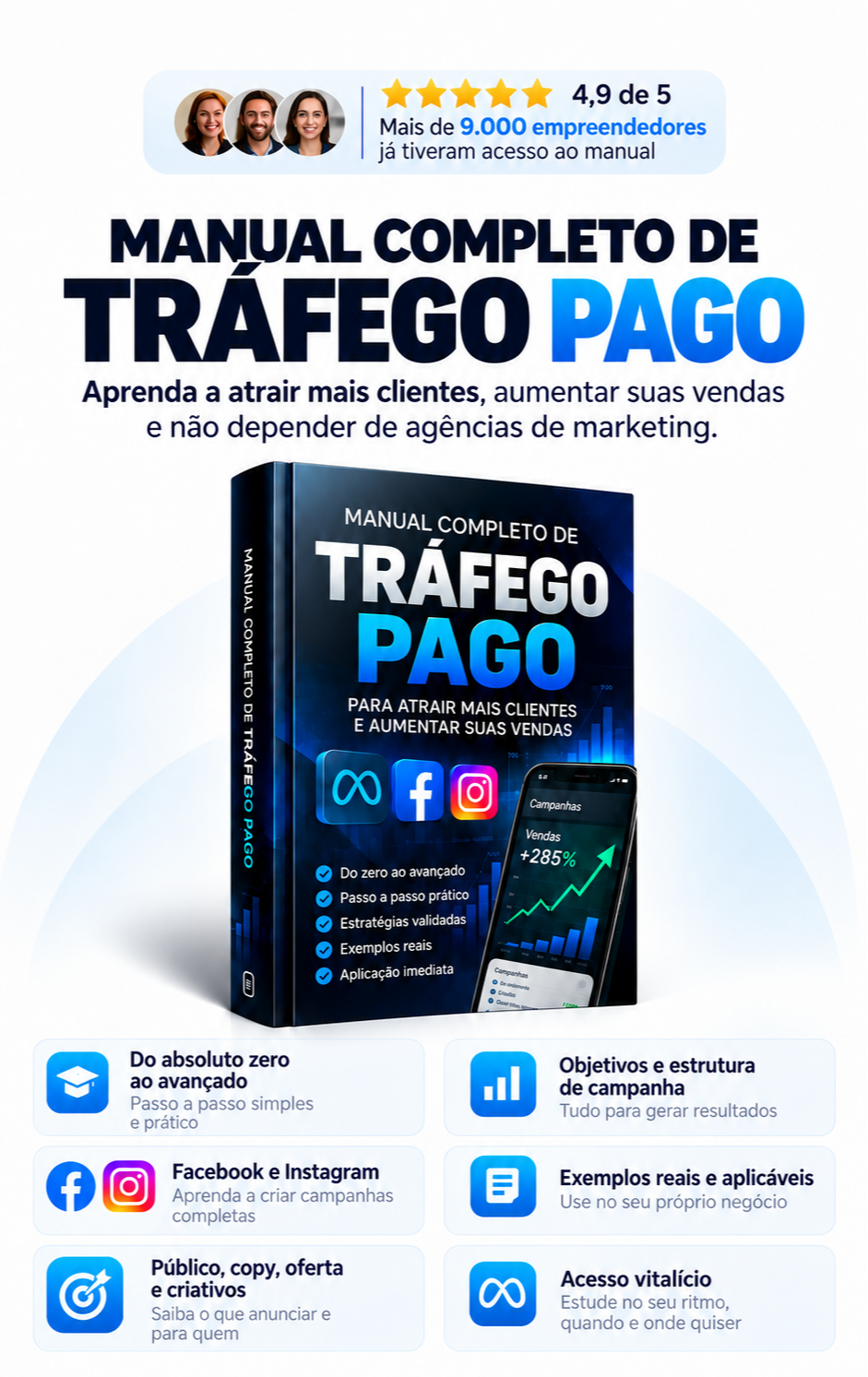 Capa do Manual Completo de Tráfego Pago, com referências ao Facebook e Instagram