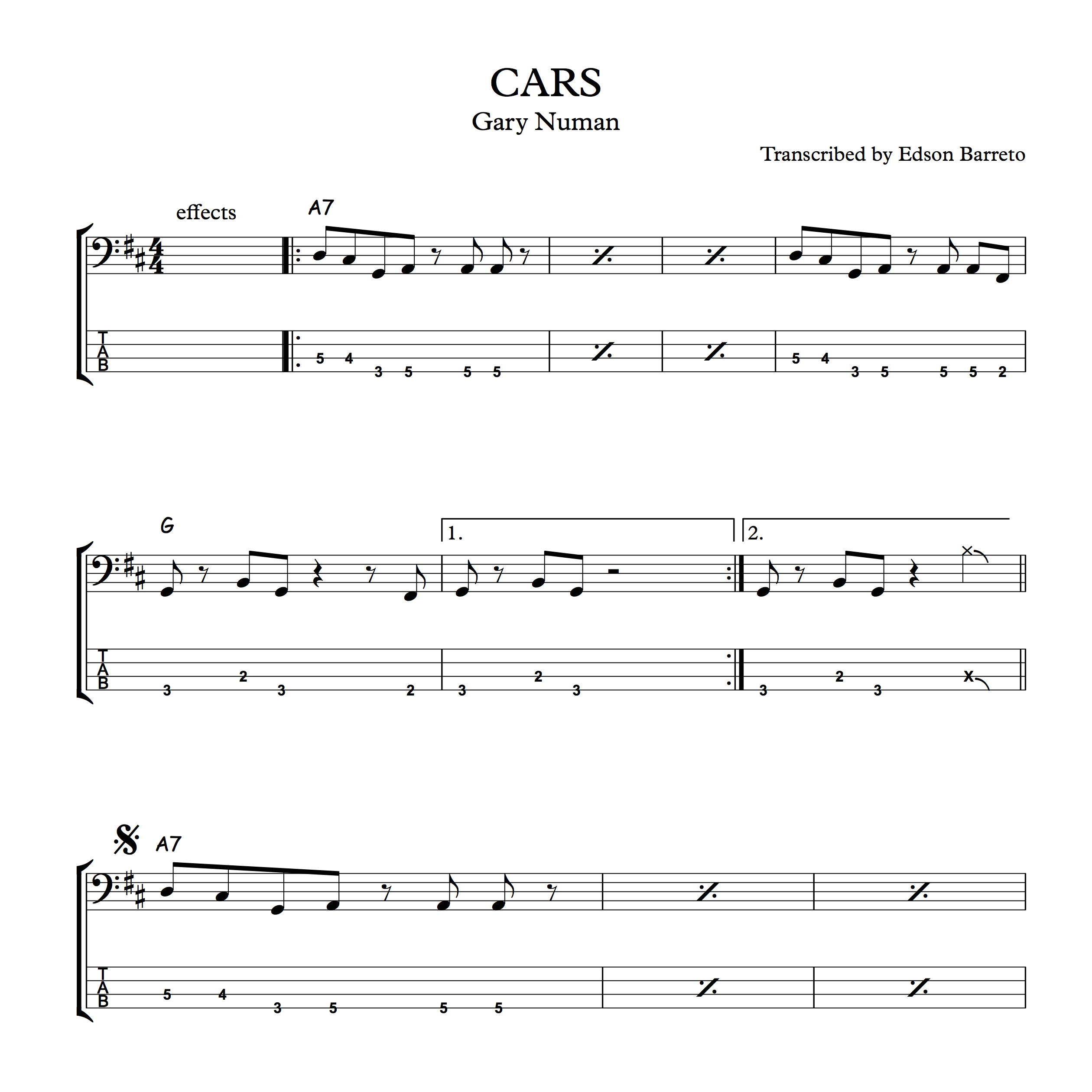 CARS (Gary Numan) Bass Transcription, Score & Tab Lesson Edson Renato