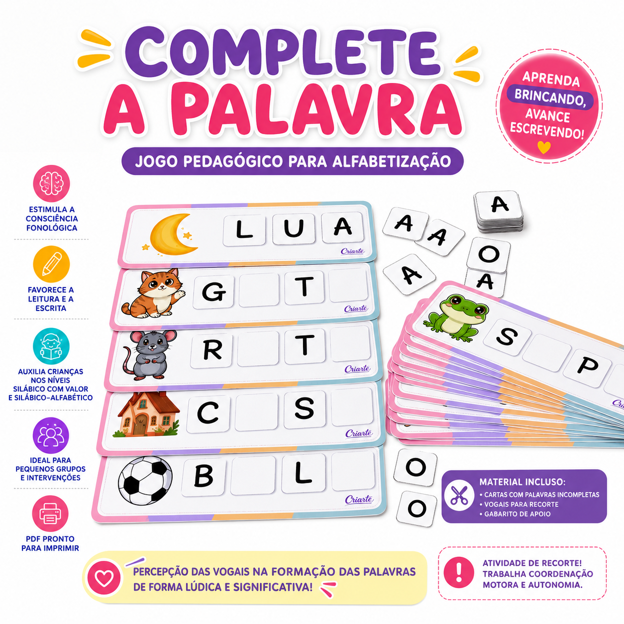 Complete a Palavra | Jogo Pedagógico de Alfabetização - Criarte - J...