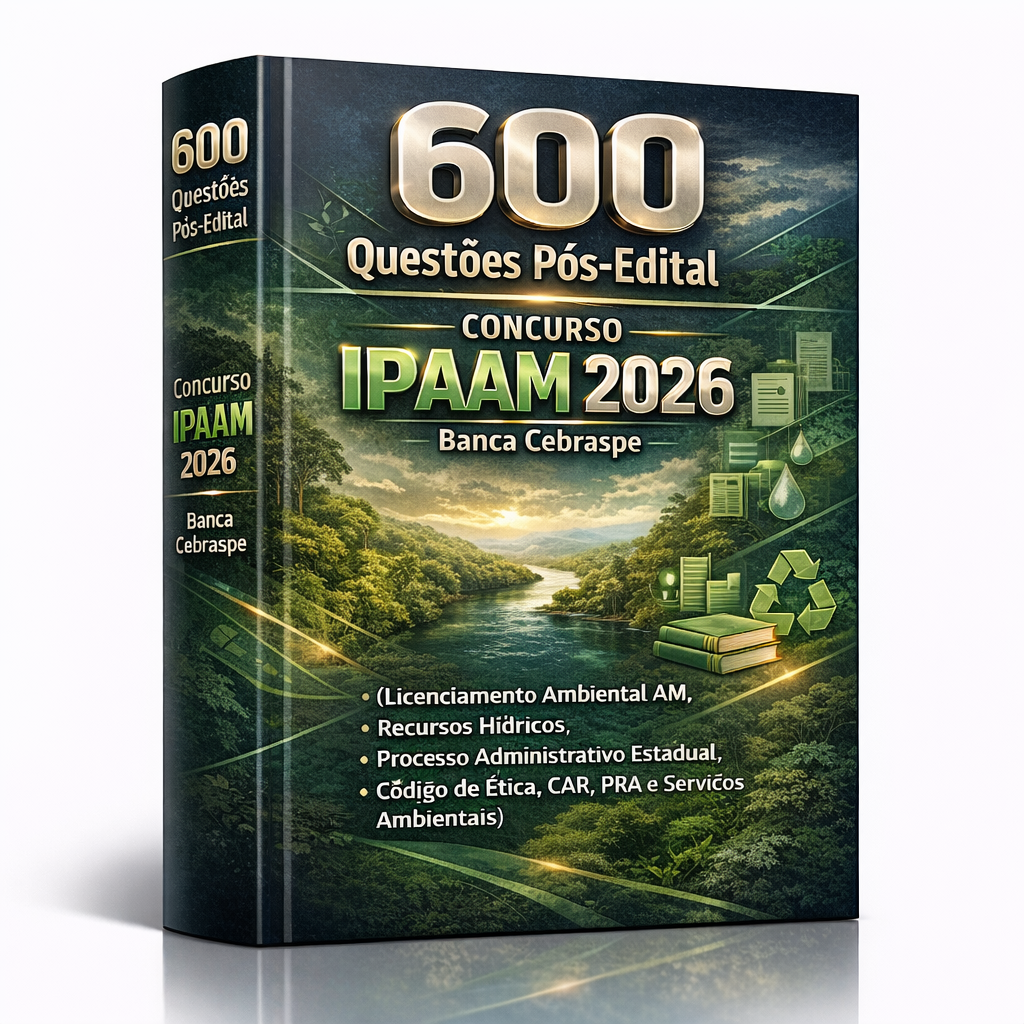 600 Questões Pós-Edital – Concurso IPAAM 2026 – Banca Cebraspe – (Licenciamento Ambiental AM, Recursos Hídricos, Processo Administrativo Estadual, Código de Ética, CAR, PRA e Serviços Ambientais)