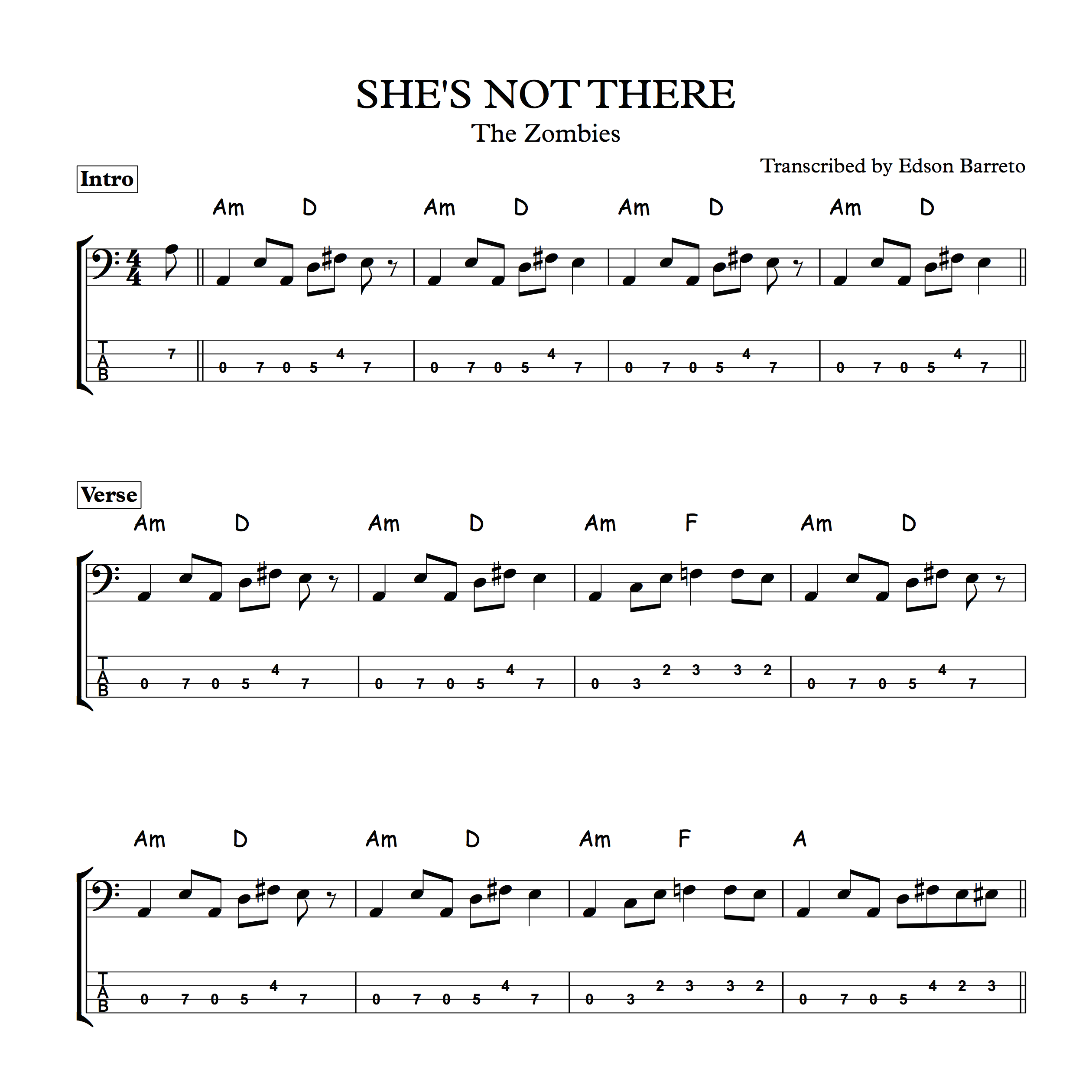 SHE'S NOT THERE (The Zombies) Bass Transcription, Score & Tab L...