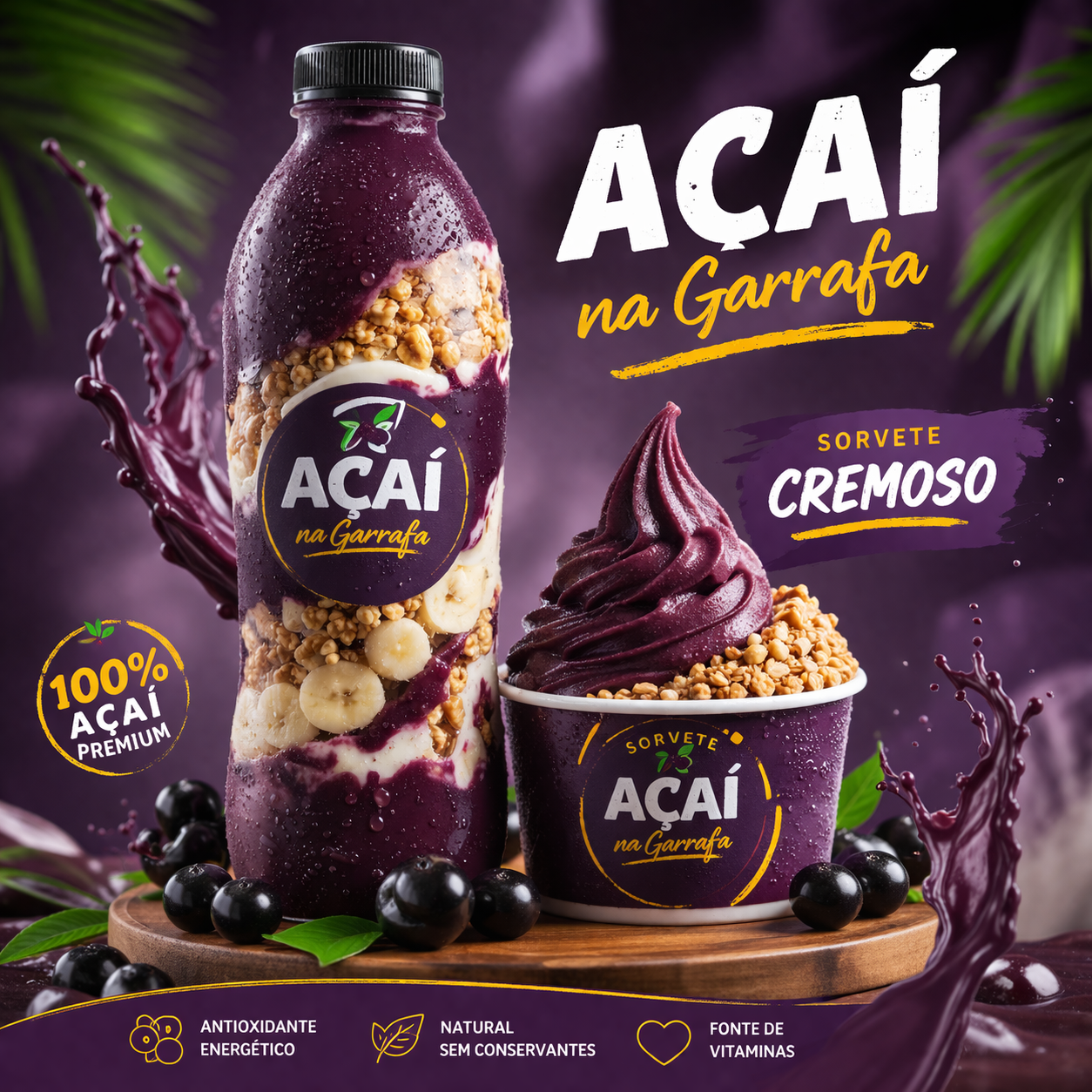 Açaí na Garrafa + Sorvete Cremoso Profissional