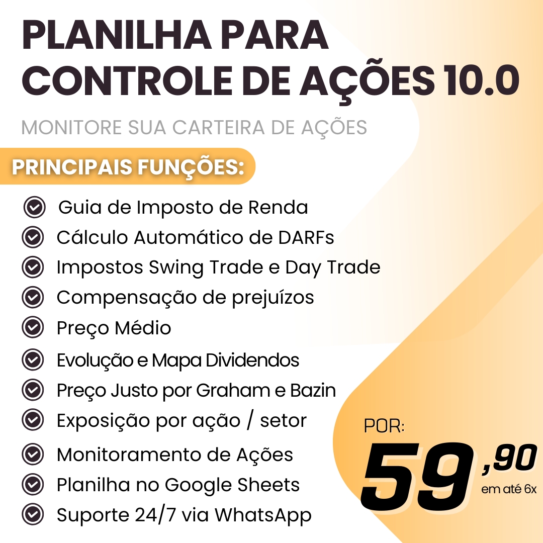 Imagem de capa para o Curso online Planilha Controle Ações 10.0 - Preço Justo Graham Bazin, Preço Médio, Dashboard, DARFs, Imposto de Renda e Dividendos