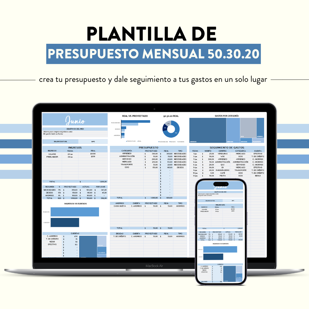 Plantilla de presupuesto mensual 50 30 20 celeste