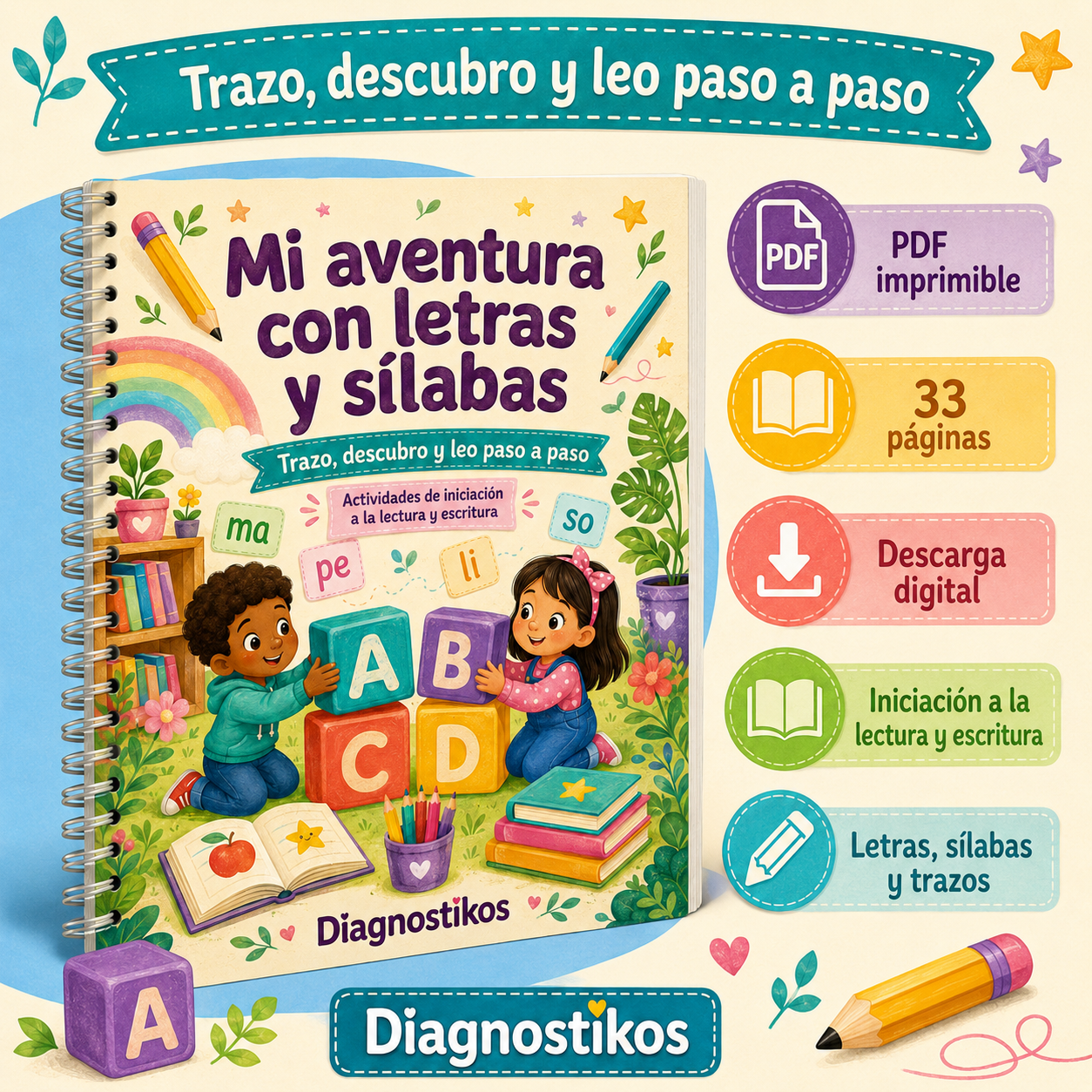 Portada del cuaderno 'Mi aventura con letras y sílabas'