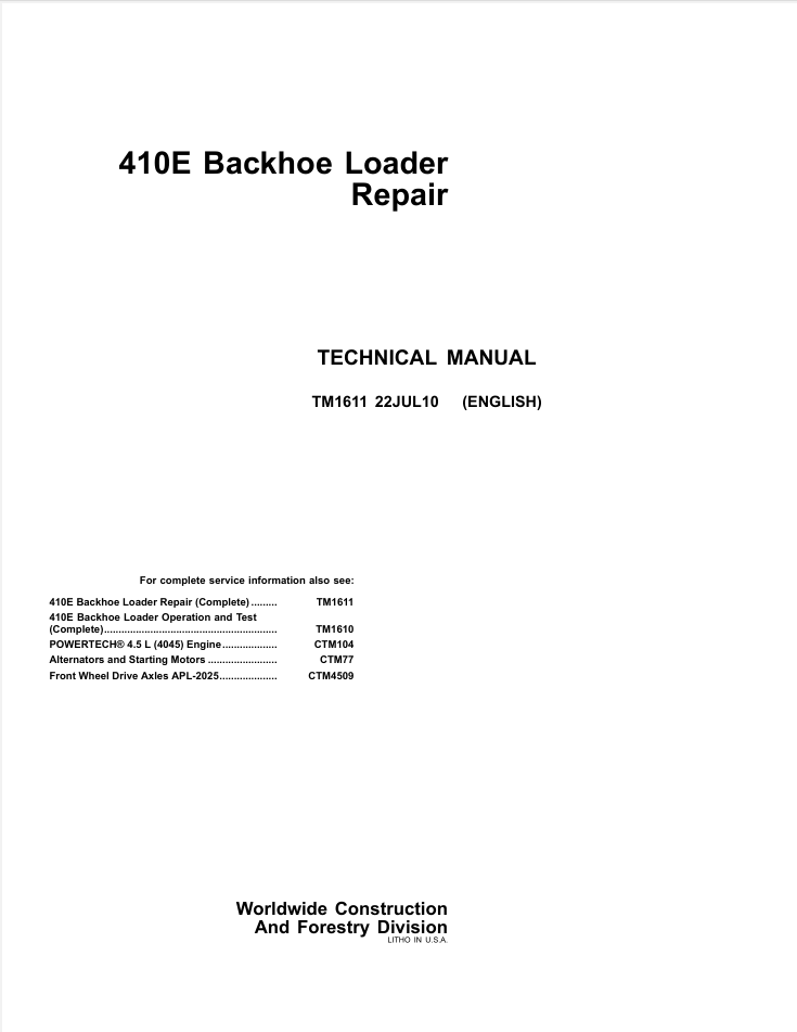 JOHN DEERE 410E BACKHOE LOADER SERVICE ENGINE REPAIR MANUAL - Dealh...