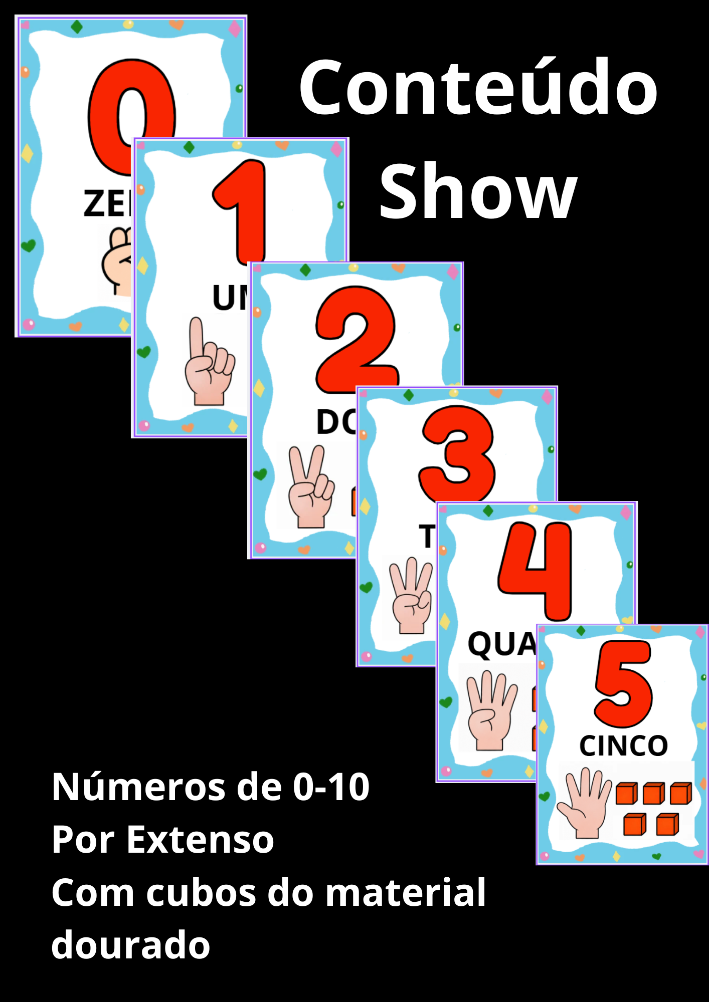 Cartazes de parede com os números de 0 a 10, por extenso e com cubos do material dourado.