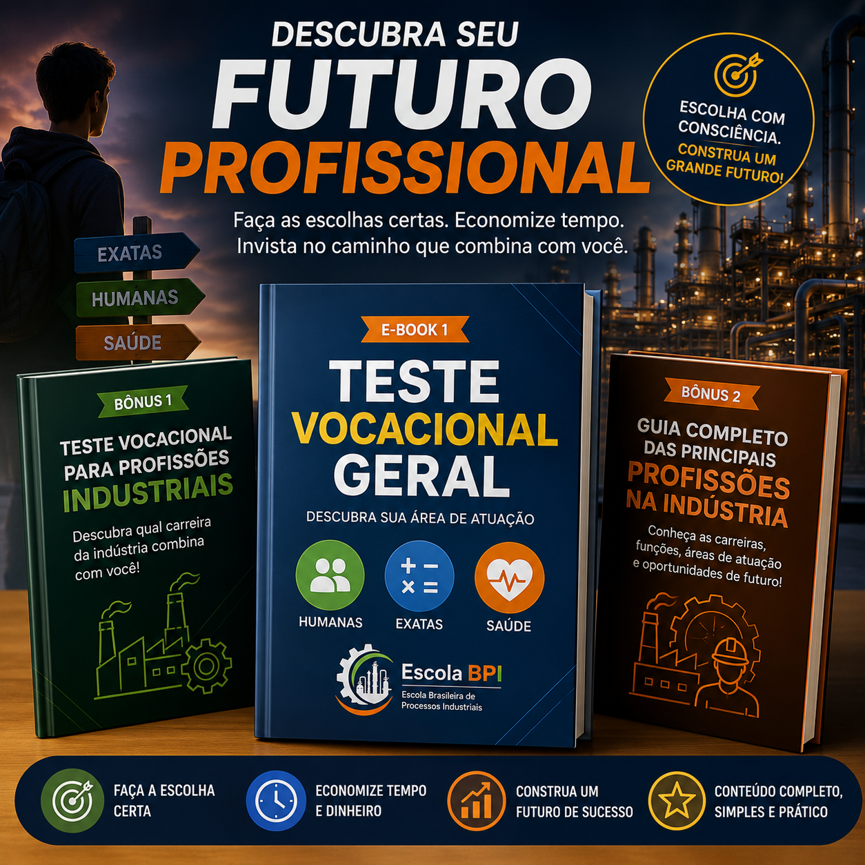 Ilustração de uma jovem pensando em seu futuro profissional com vários ícones de carreiras.
