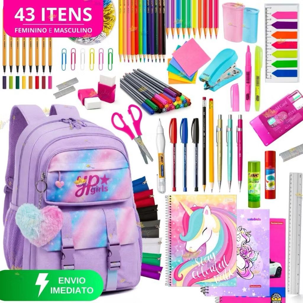 Kit Material Escolar Feminino Completo - Mochila + 43 Itens
