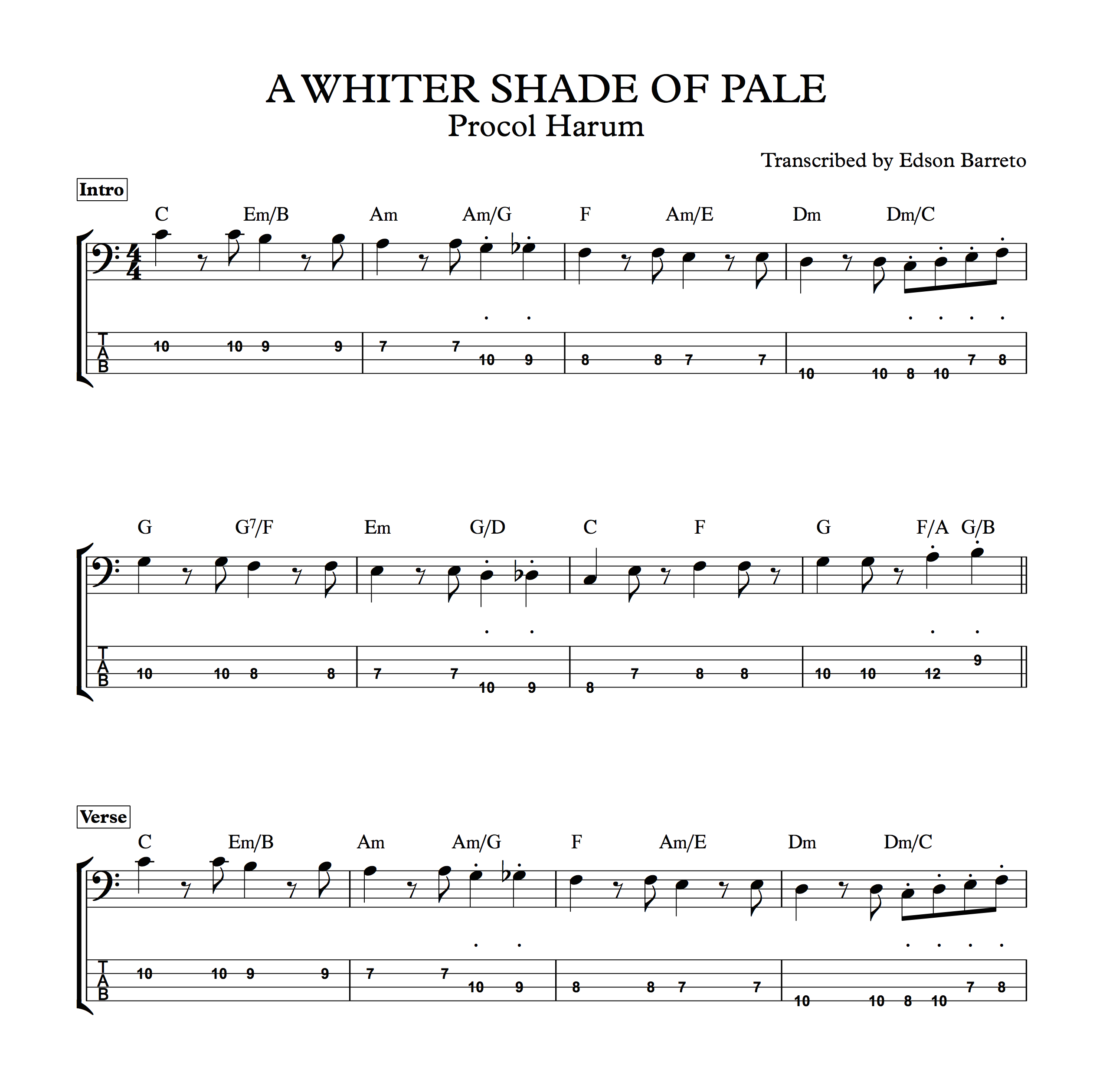 A WHITER SHADE OF PALE (Procol Harum) Bass Transcription, Score & Tab