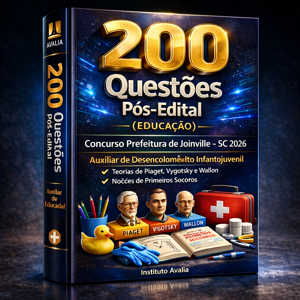 200 Questões Pós-Edital (EDUCAÇÃO) – Concurso Prefeitura de Joinville – SC 2026 – Instituto Avalia – ( Auxiliar de Desenvolvimento Infantojuvenil: Teorias de Piaget, Vygotsky e Wallon • Noções de Primeiros Socorros )
