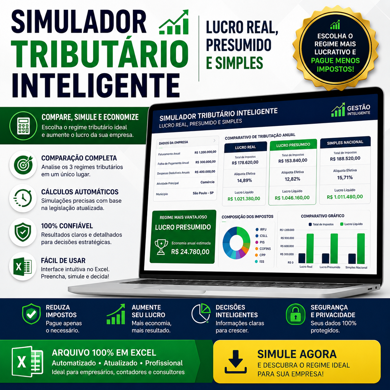 Prévia da planilha Simulador Tributário Inteligente - Lucro Real, Presumido e Simples