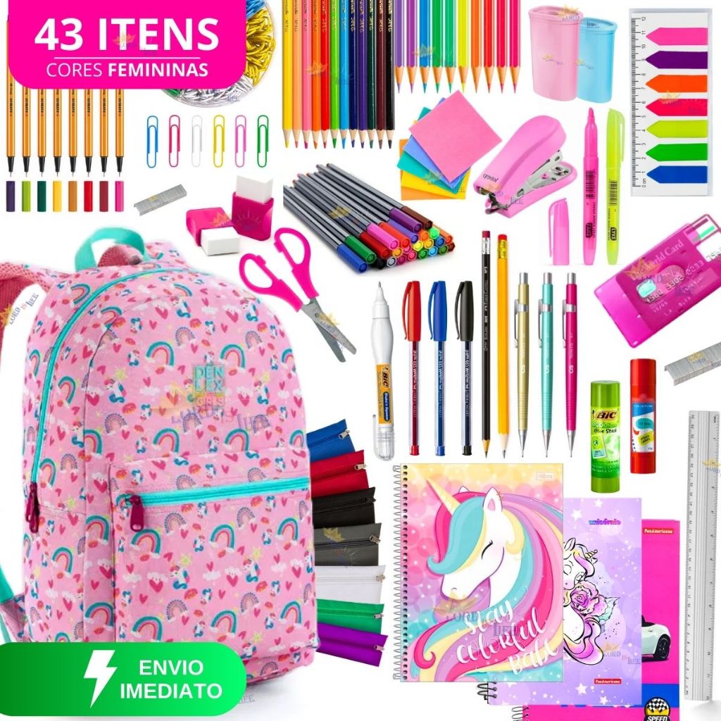 Material Escolar Feminino Completo - Mochila de Unicórnio + 43 Itens
