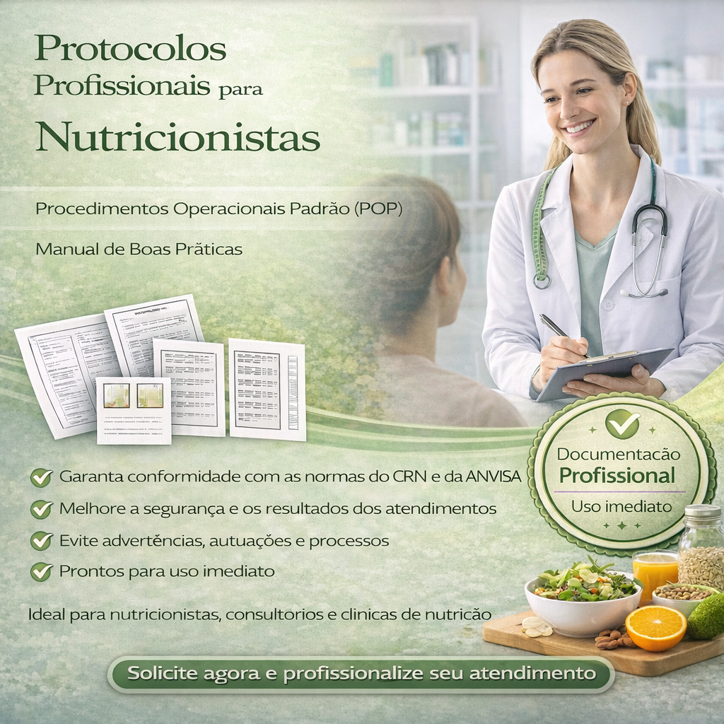 PACK COM 40 DOCUMENTOS: POP'S NUTRICIONISTAS, MANUAL DE BOAS PRÁTICAS, FICHAS DE ANAMNESE E FICHAS DE CONTROLE