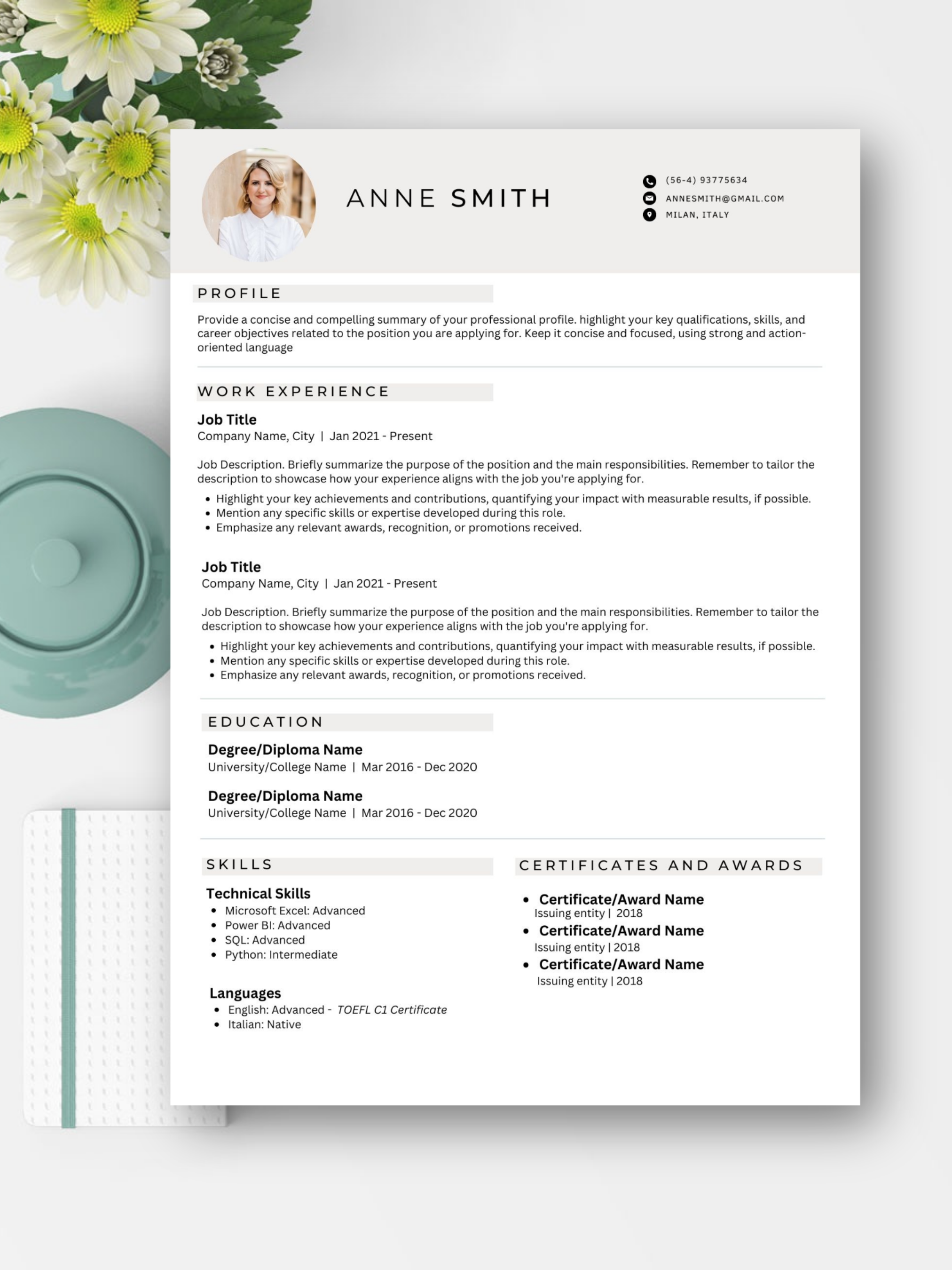 CV Template Elegant and Minimalistic Editable Resumen Template in