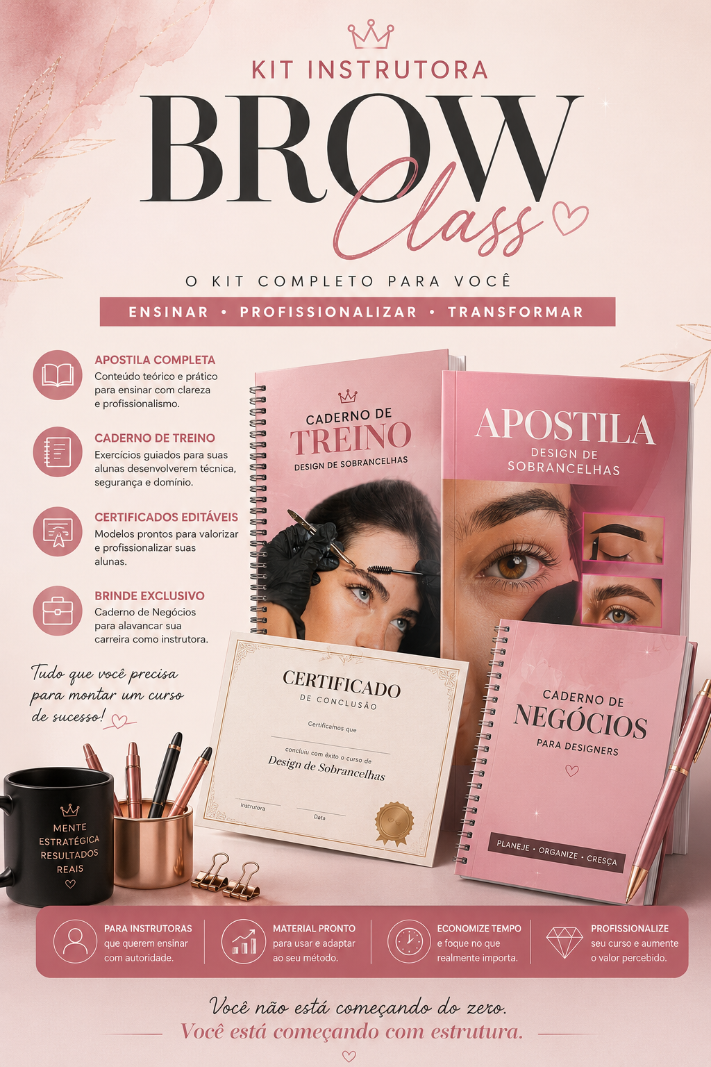 Apostila de Design de Sobrancelhas Completa + Caderno de Treino + Certificados | Kit Instrutora