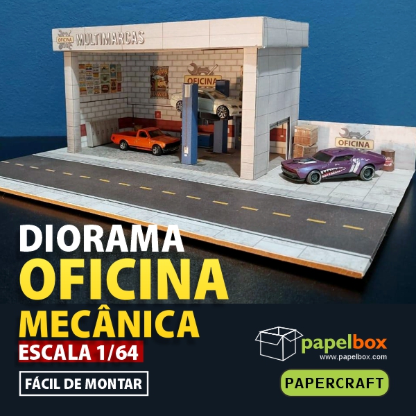 Imagem de capa para o Ebook Projeto Diorama Maquete Papercraft Oficina Mecânica para imprimir, recortar e montar.