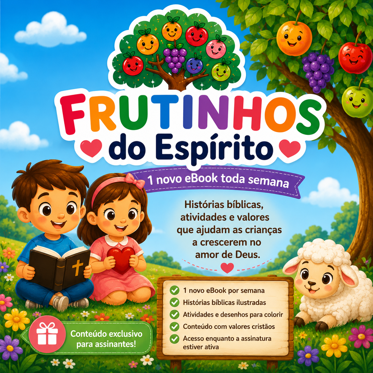 Crianças felizes aprendendo com os eBooks do Clube Frutinhos do Espírito