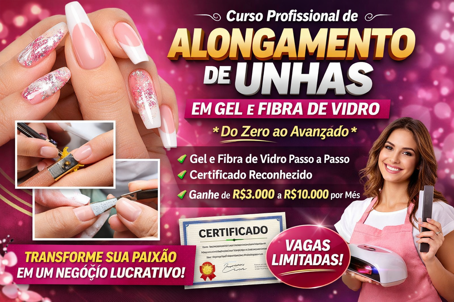 Curso Completo de Alongamento de Unhas – Gel, Fibra e Técnicas Profissionais para Iniciantes
