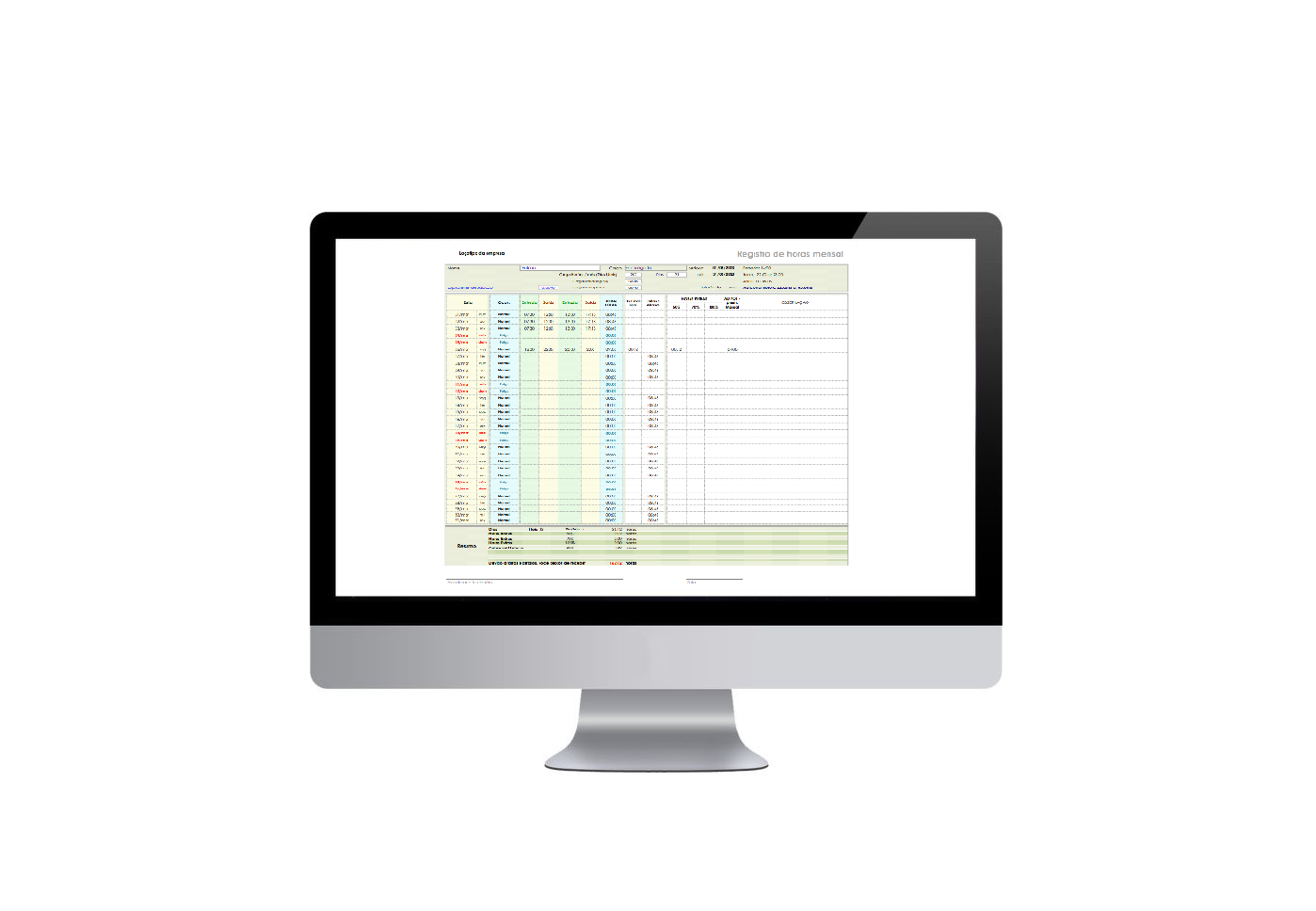 Prévia da planilha Sistema Automático de Gestão de Ponto e Horas em Excel