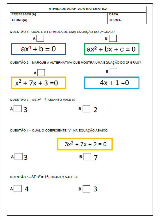 Atividade Adaptada Matemática-Equação de 2º grau - Cantinho da Incl...