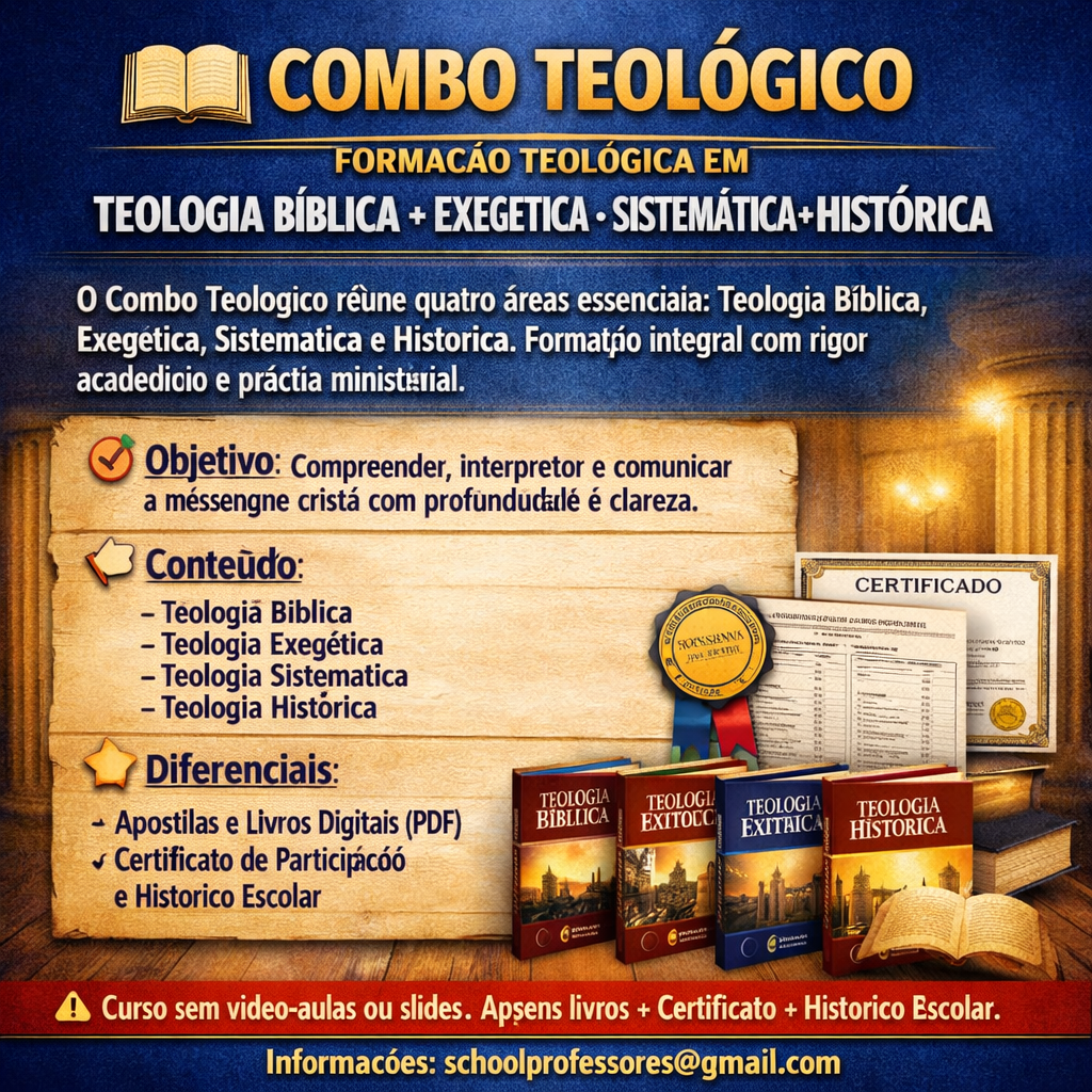 COMBO TEOLÓGICO FORMAÇÃO TEOLOGICA EM TEOLOGIA BÍBLICA+ EXEGETICA+SISTEMÁTICA+HISTÓRICA