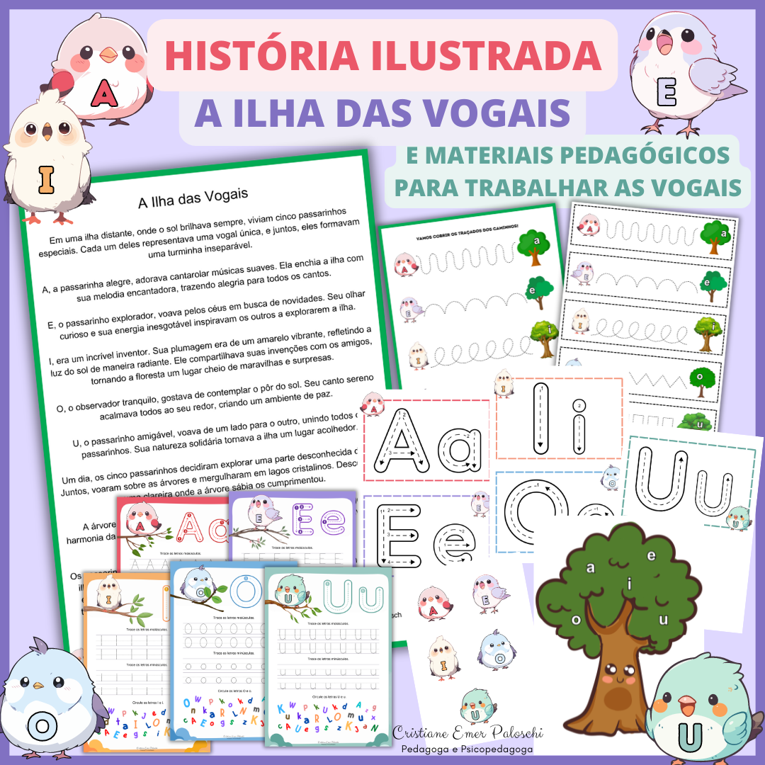 História Ilustrada A ilha das Vogais e materiais pedagógicos para t...