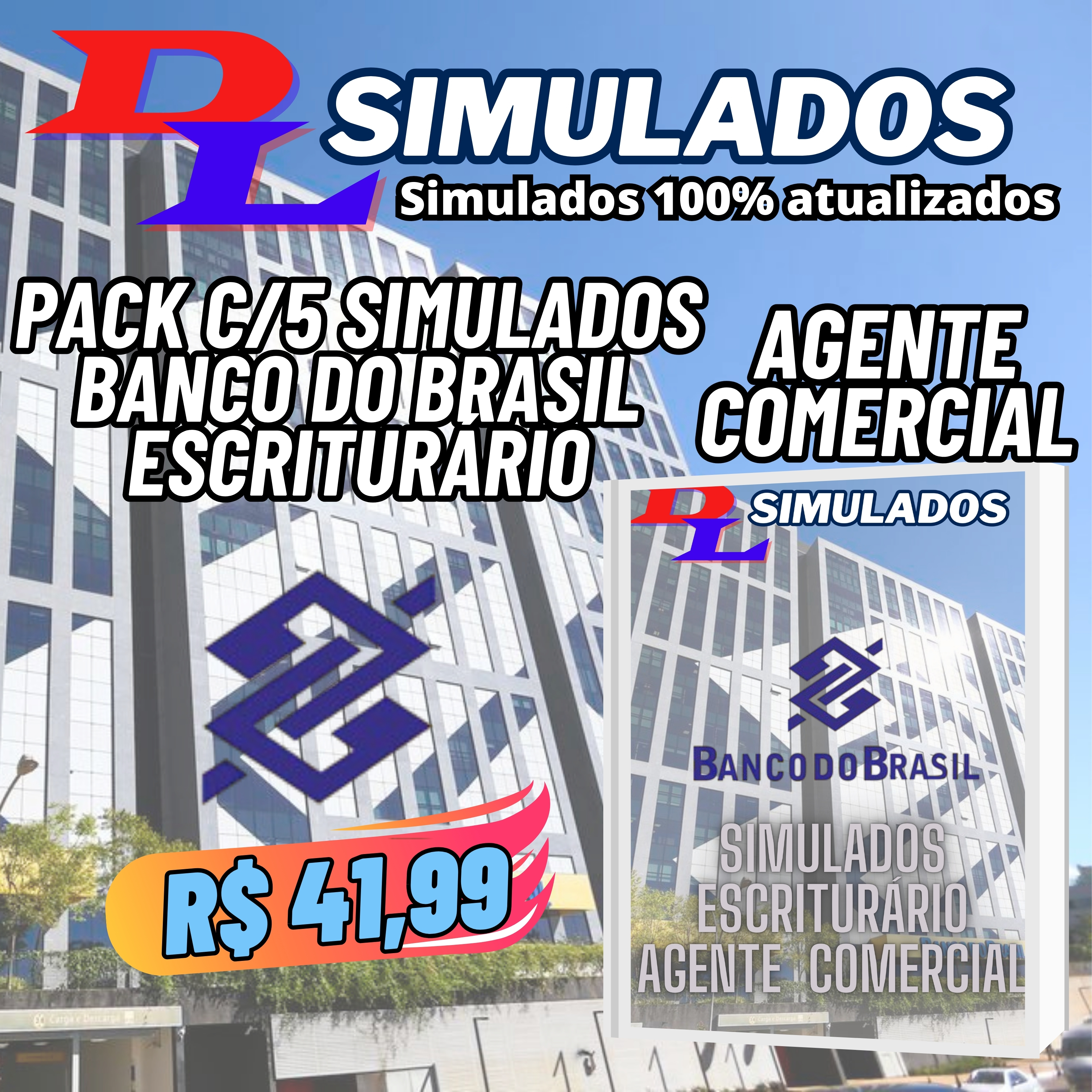 Imagem de capa para o Curso online Pacote C/5 Simulados Banco do Brasil - Escriturário | Agente Comercial | 100% ATUALIZADOS