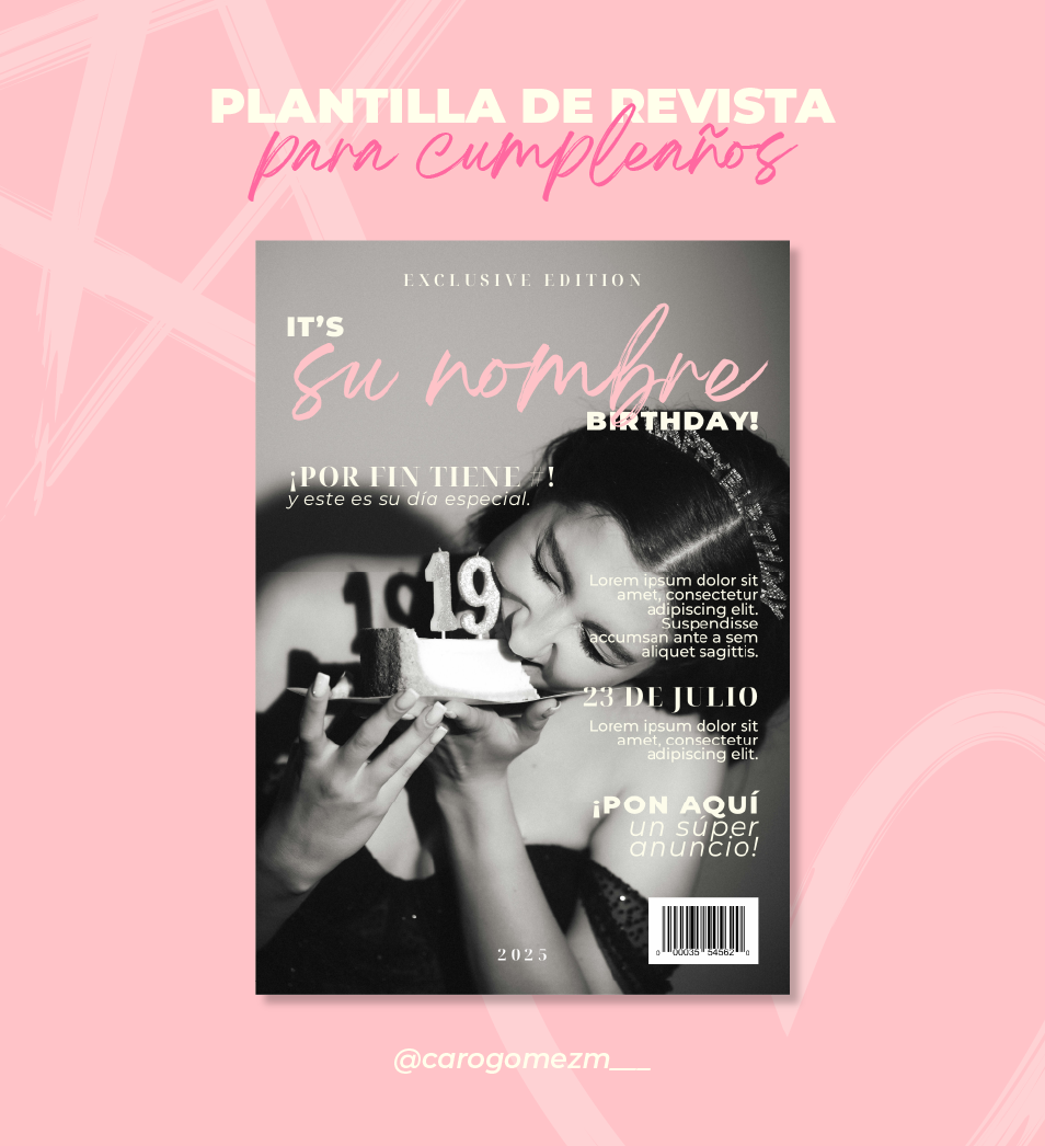 Plantilla de revista de cumpleaños en Canva - Caro Gómez | Hotmart, image size:954x1046