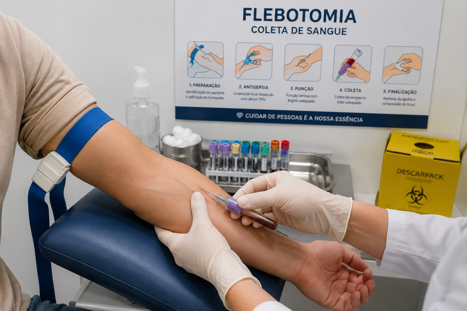 Instrutora demonstrando flebotomia em treinamento