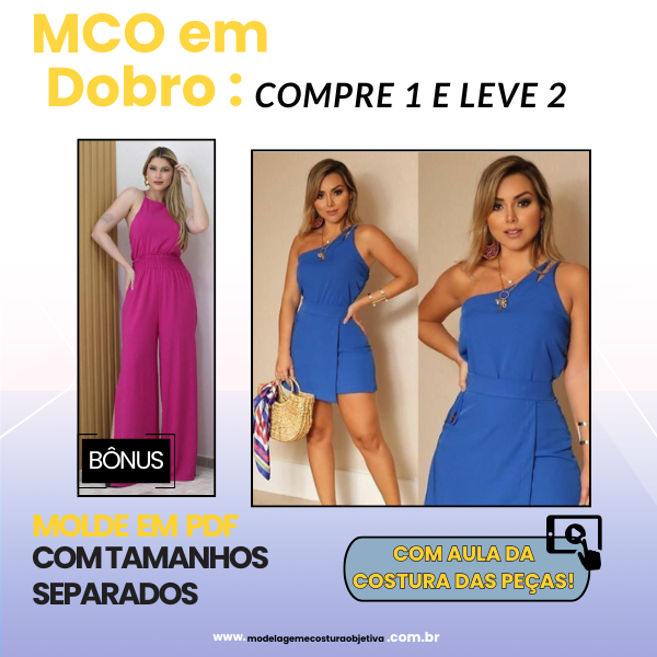 Imagem de capa para o Curso online Molde em PDF: Kit Compre 1 e Leve 2 - Macaquinho Short/Saia de Um Ombro Só + Macacão Pantalona com Elástico (com aula de costura das peças)
