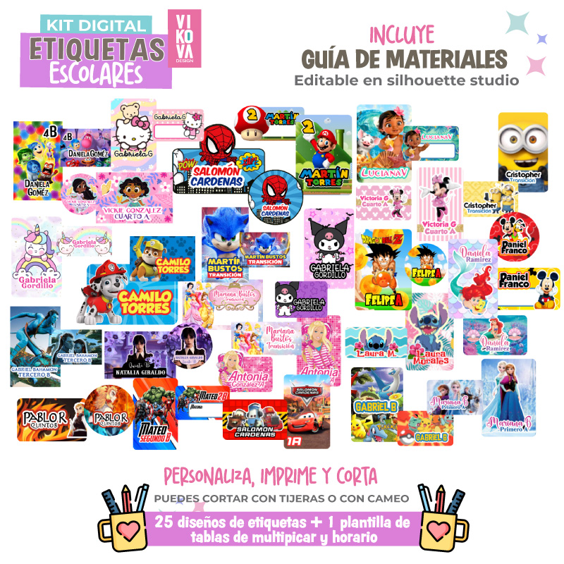 Etiquetas escolares: muestra de los 25 diseños infantiles, la guía de materiales y las plantillas del kit