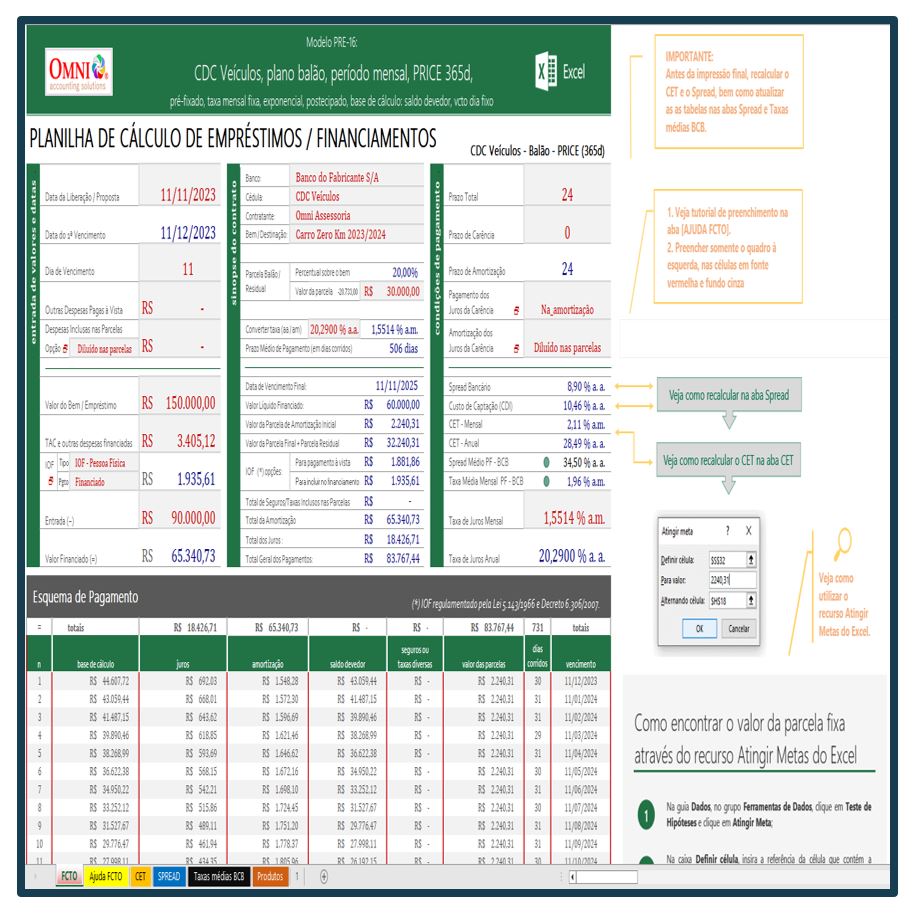 Planilha de Financiamento CDC Veículos, com parcela residual / balã...
