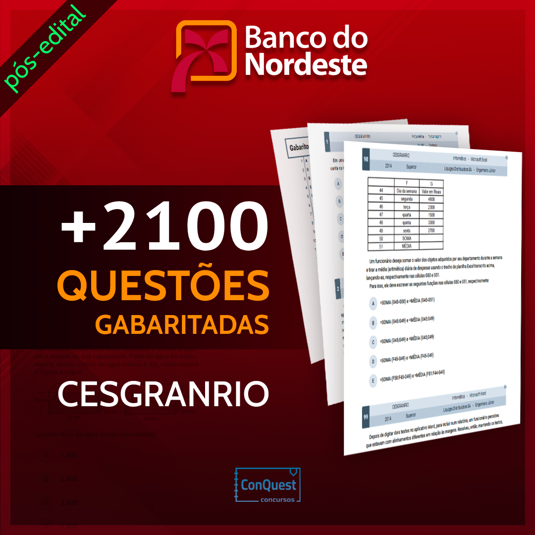 Imagem de capa para o Ebook +2.100 Questões CESGRANRIO: Concurso BNB - Analista Bancário 1 (Pós-Edital) 