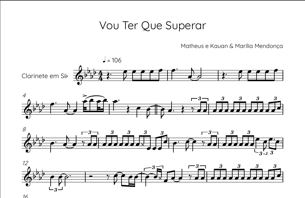Partitura Vou Ter Que Superar - Clarinete Solo - Matheus e Kauã Part ...