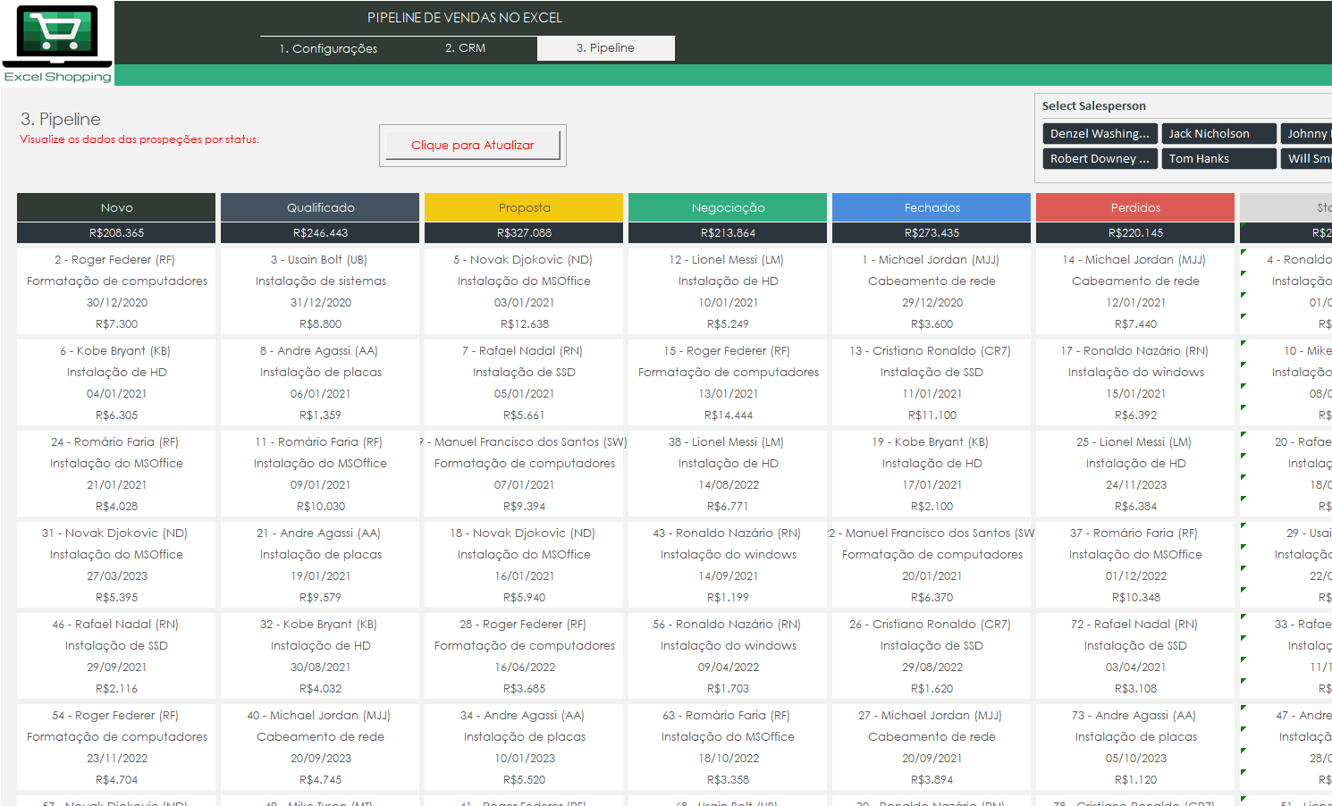 Planilha - Pipeline de Vendas (Kanban) no Excel