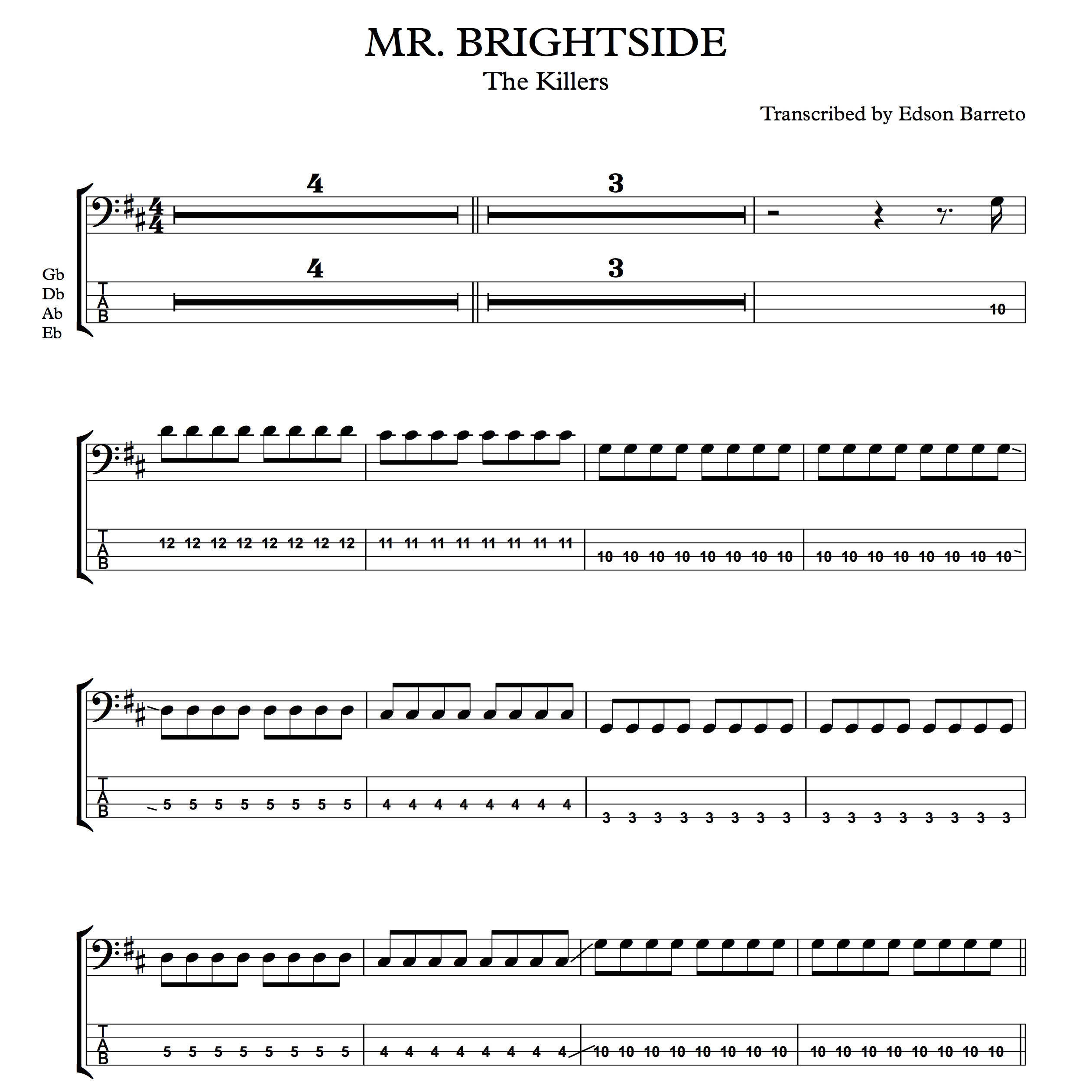 MR. BRIGHTSIDE (The Killers) Bass Score & Tab Lesson