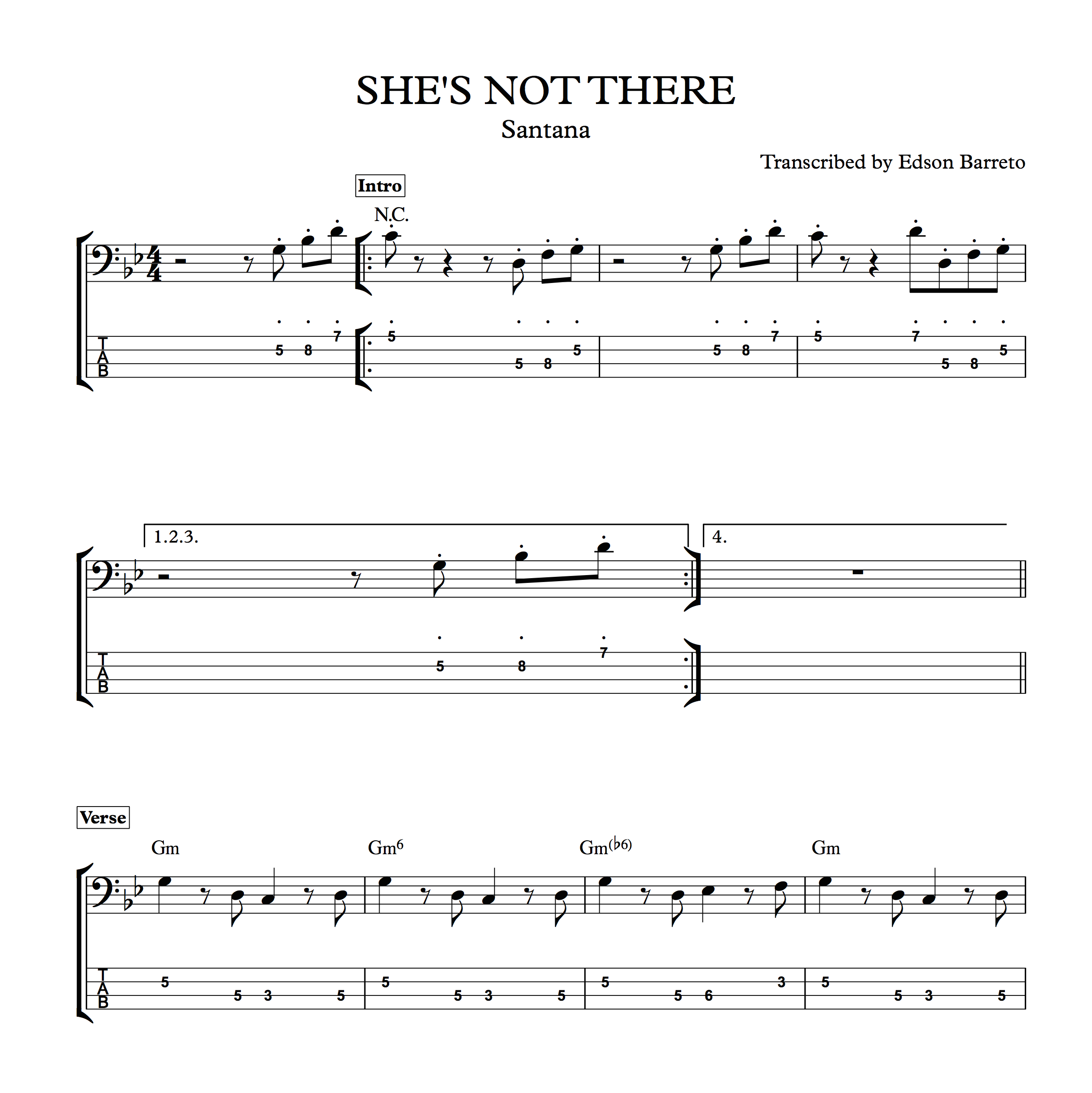 SHE'S NOT THERE (Santana) Bass Transcription, Score & Tab Lesso...