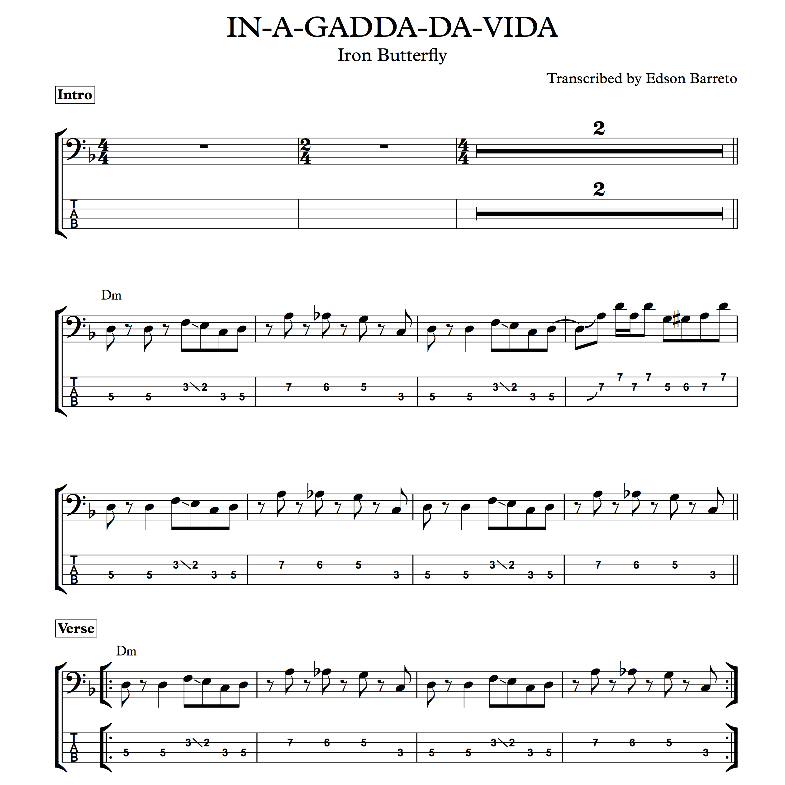 IN A GADDA DA VIDA Iron Butterfly Bass Transcription Score Tab Lesson