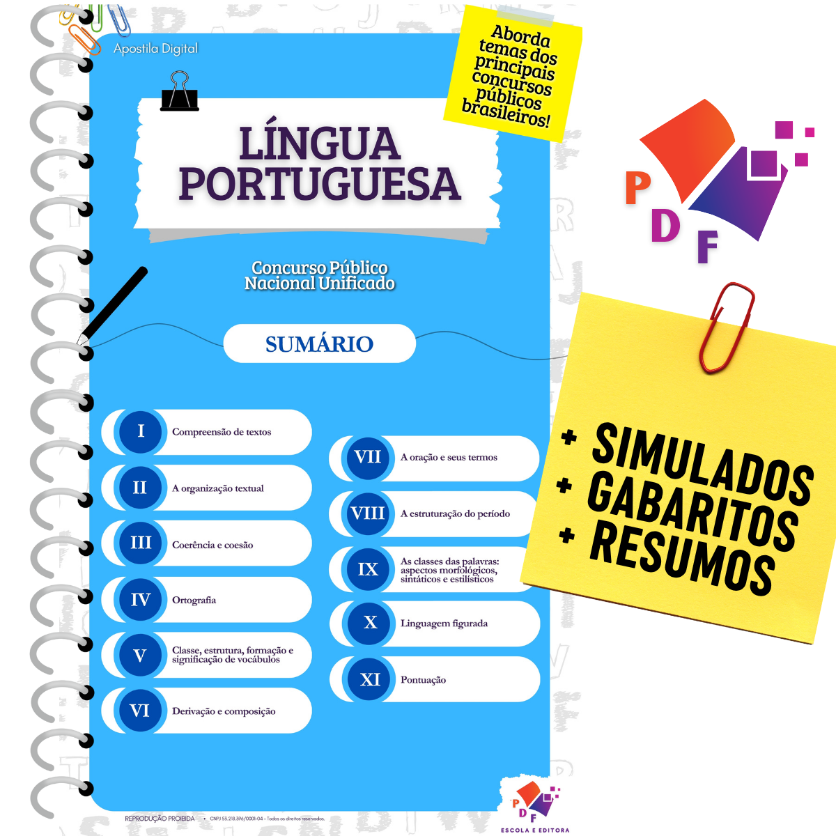 Apostila - Língua Portuguesa (Português) para Concursos Públicos - Material de Estudo Completo - Com Questões, Simulados, Gabaritos e Resumos