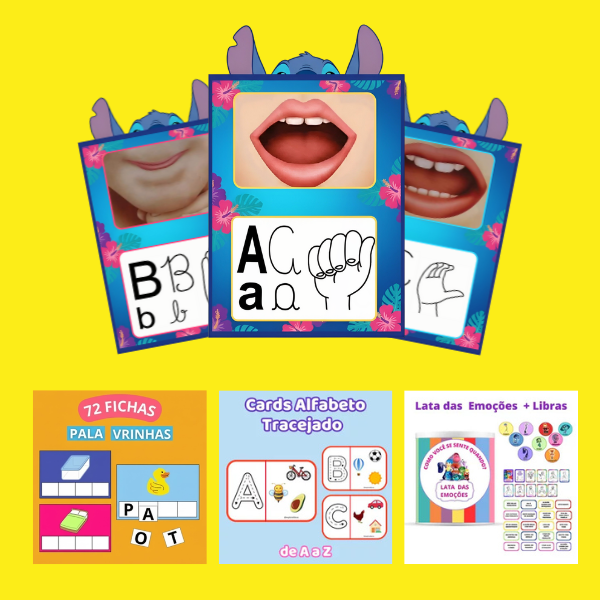 Kit Volta às Aulas + Libras: Alfabeto fônico do Stitch, 72 Fichas para Formar Palavras, Cards Alfabeto tracejado e Lata das Emoções do Divertidamente