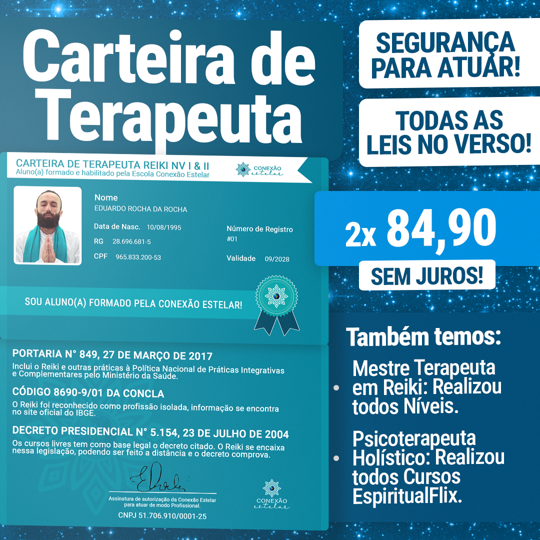 Carteira de Terapeuta Holistico, Reiki, Psicoterapeuta