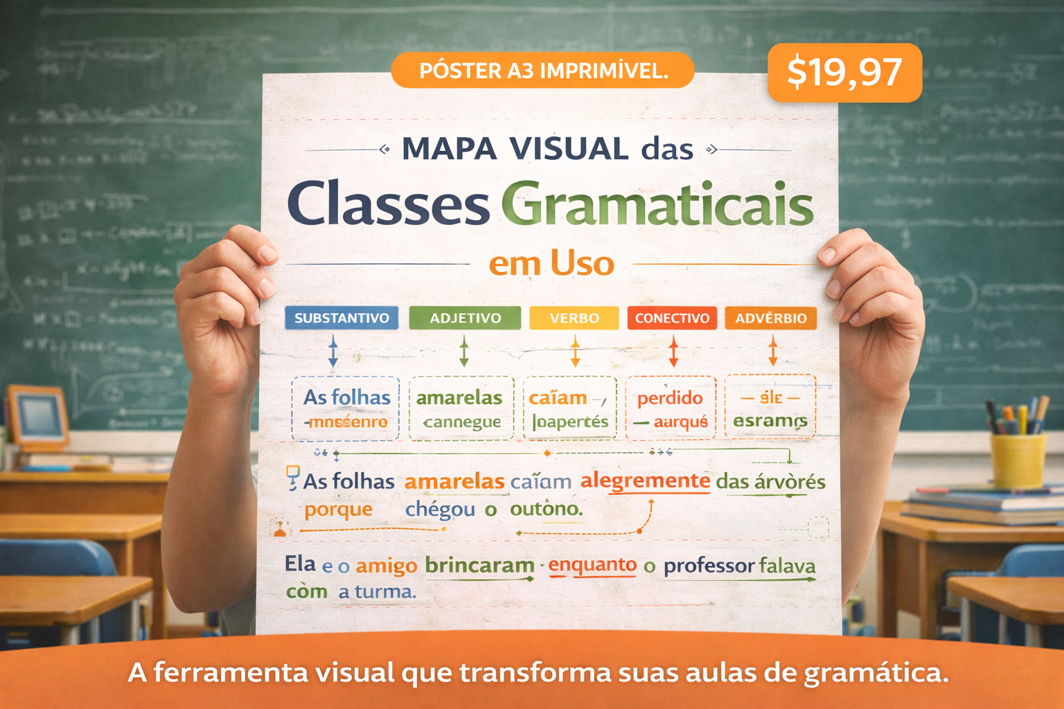 Mapa visual das classes gramaticais em uso (pôster para impressão)