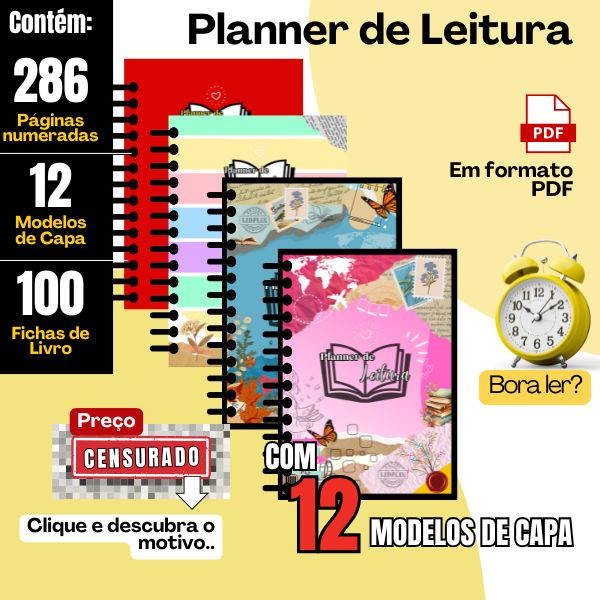 Planner de Leitura - 286 Páginas numeradas e 12 Capas - Arquivo PDF