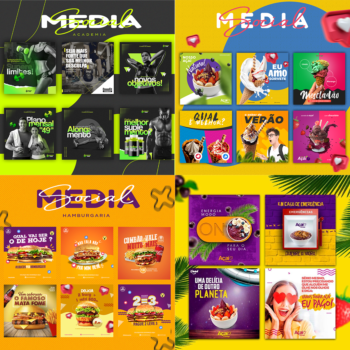 Imagem de capa para o Curso online Super Pack para Mídias Sociais - Sorveteria/Academia/Açai/Hamburgueria.