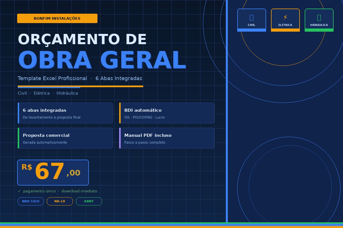 Template de Orçamento de Obra Geral — Civil, Elétrica e Hidráulica completo.