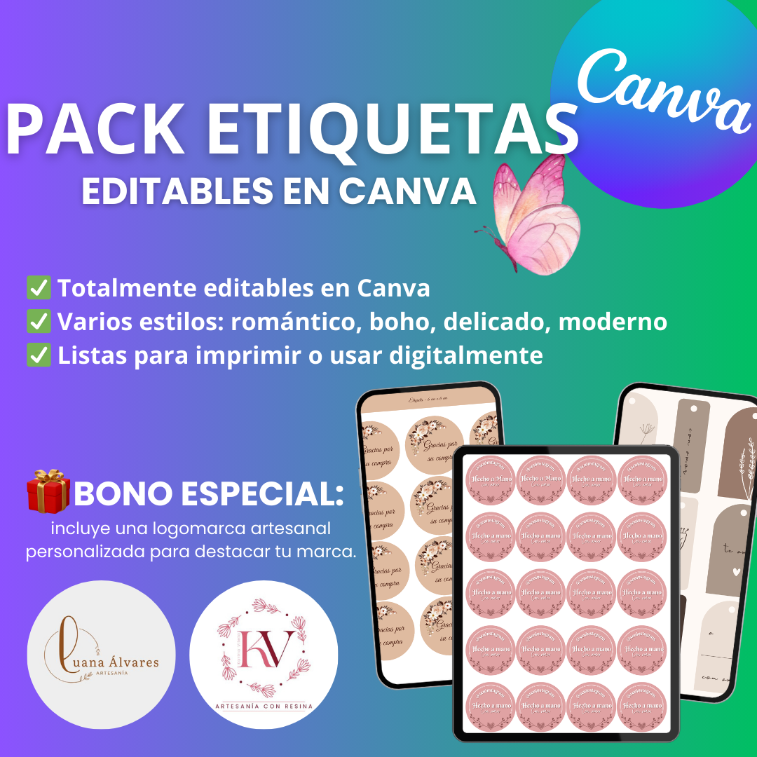 PACK DE ETIQUETAS EDITABLES EN CANVA+ BONO: TU LOGOMARCA - Gilvan...