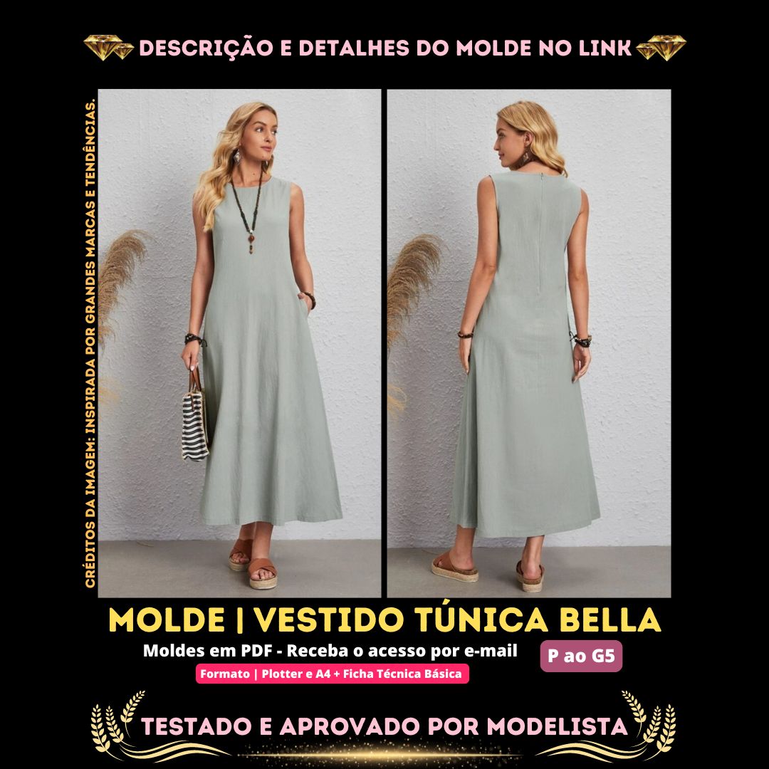 [Molde em PDF] - Vestido Túnica Bella. ID 2870575 [P ao G5] - Empr...