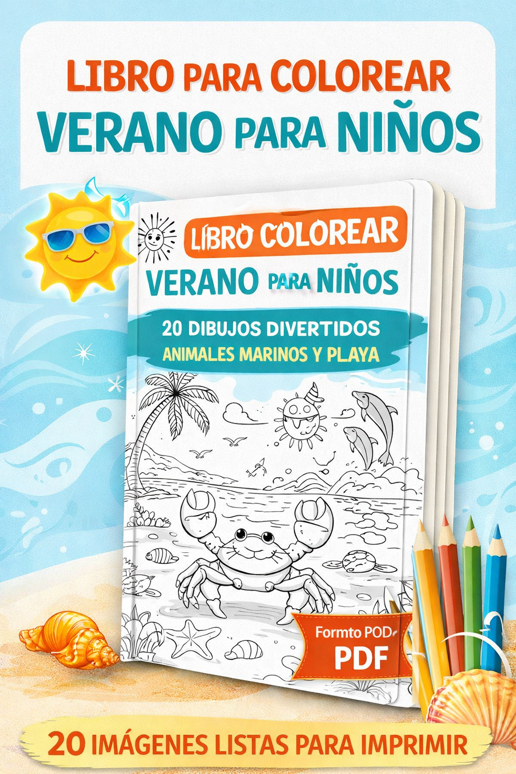 Libro para Colorear Verano para Niños – 20 Dibujos Divertidos de Pl...