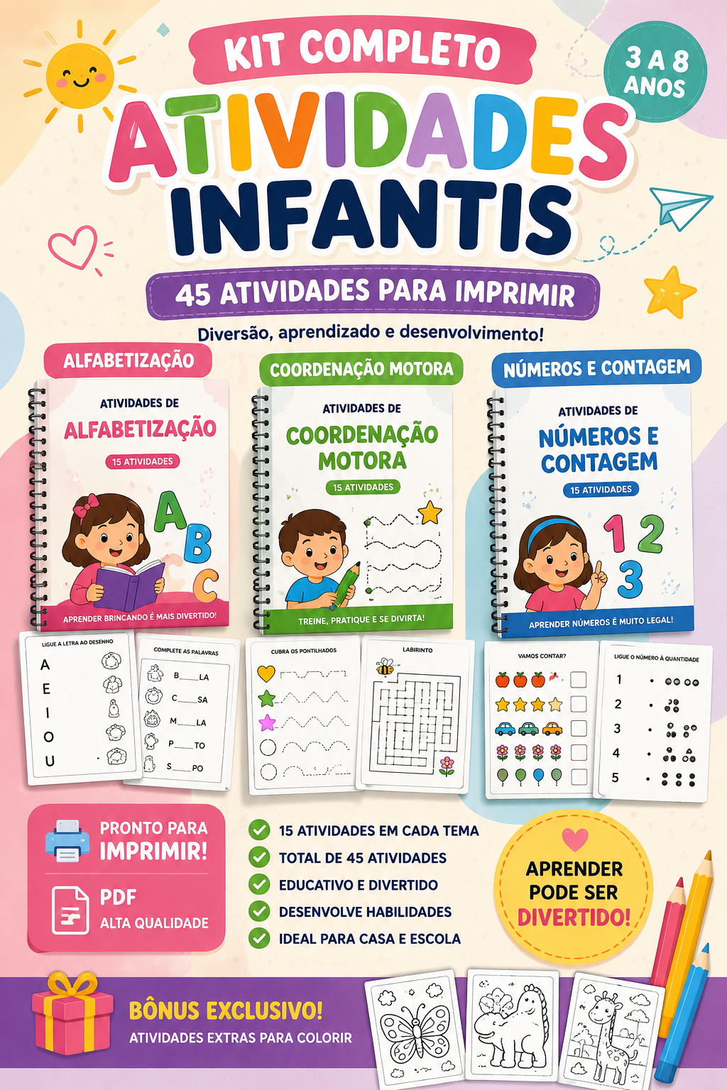 Kit Infantil Educativo para Imprimir – 45 Atividades PDF | Hotmart
